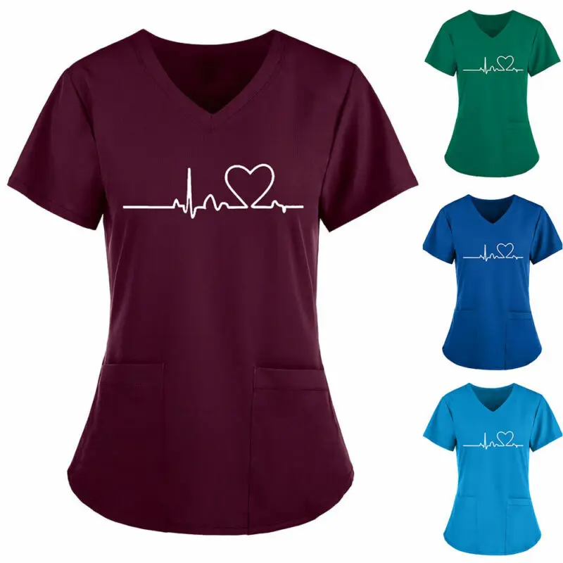 

Women's Casual V-neck Pockets Nurse Tee Tops Ladies Plain Short Sleeve T-shirts