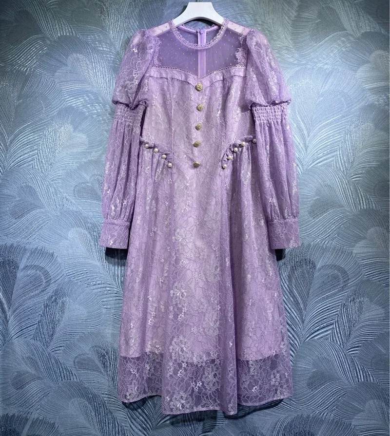 

Top Quality New Lace Dress 2022 Spring Summer Party Vestidos Women Sexy Tulle Mesh Beading Deco Long Sleeve Purple Green Dress