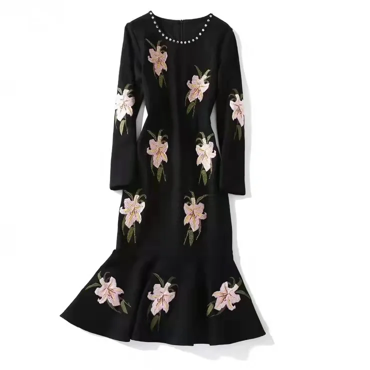 European and American women's wear new autumn 2022 Long sleeve beaded flower embroidery fashion Black fishtail dress