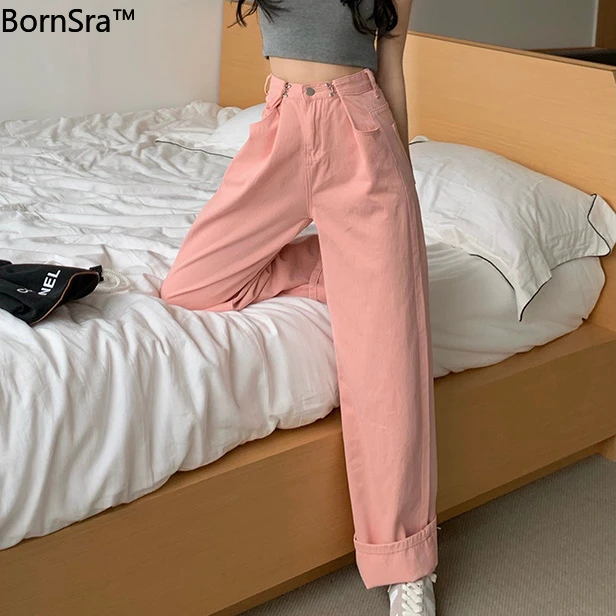 

Bornsra 2021 Full Length HIGH Vintage Straight Women Jeans Womens Distressed Jeans Woman Pink Pants Feamle
