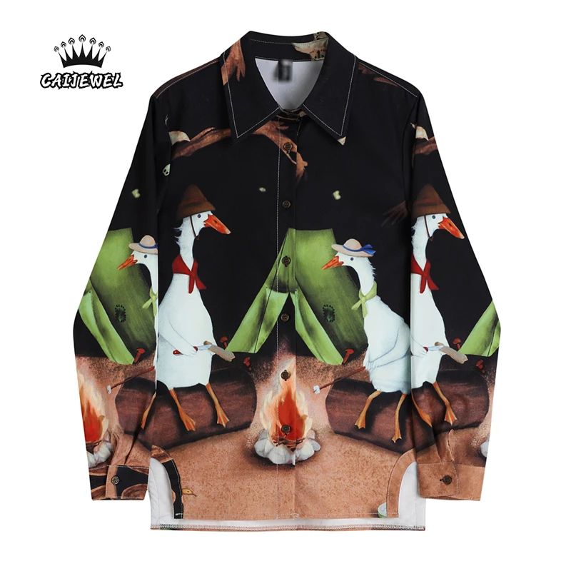 

Spring Long Sleeve Women's Blouse Retro Baggy Polo Collar Cartoon Printing Street Casual Chic Design Fashion Female TOPs Shirt