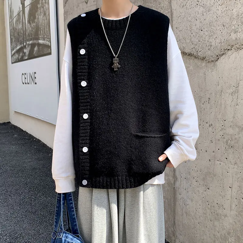 

Men's sweater 2020 Autumn winter new pure color slim turtleneck knit sleeveless vest loose casual personality youth men's wear