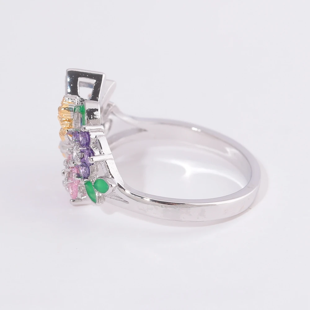 CiNily Angel Multicolor Crystal Zircon Flower Silver Plated Women Ring Jewelry Cocktail Party Fully-Jewelled Female Size 6-10 | Украшения и