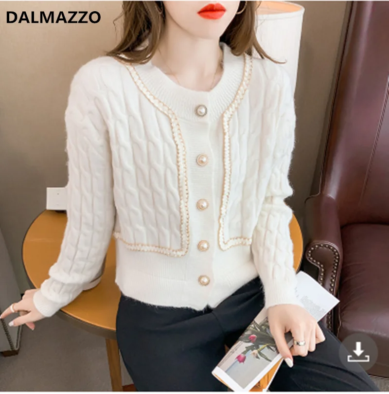 

DALMAZZO 2021 Newest Autumn Women V Neck Pearls Single-Breasted Knitted Cardigan Short Sweater Tops Female
