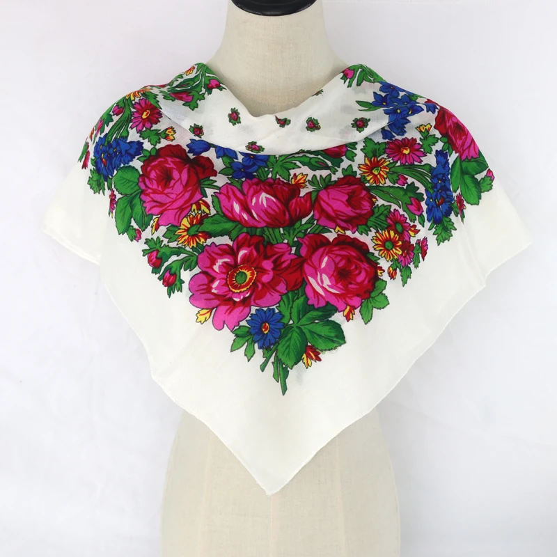 

Russian Floral Scarf Luxury Flower Small Handkerchief Ethnic Shawl Women Hijab Acrylic Scarf Printed 70CM Headband Scarf Bandana