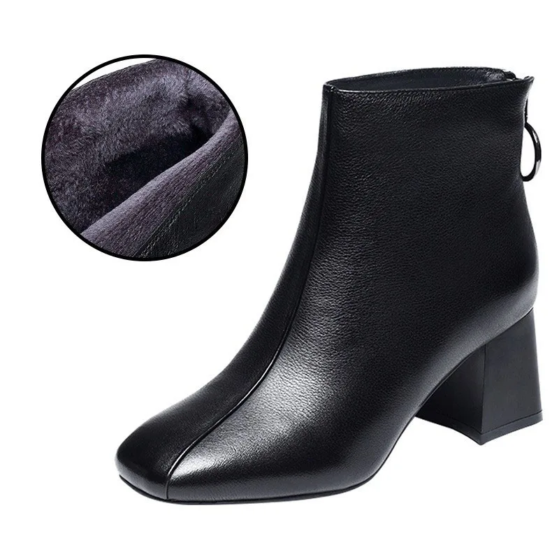 

NEW 2022 Autumn Winter Shoes Women High Heels Boots Fashion Ladies Ankle Boots Warm Plush Black Shoes Square Heel 5.5cm A4201