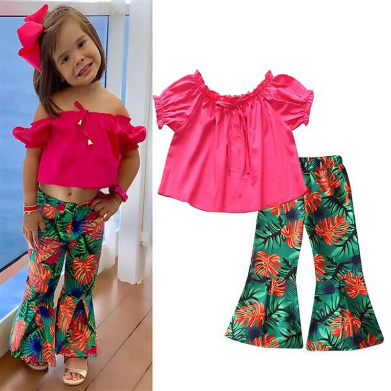 

Ins/Летняя розовая красная рубашка с открытыми плечами + штаны с зелеными листьями комплекты одежды из двух предметов модная одежда для девоч...