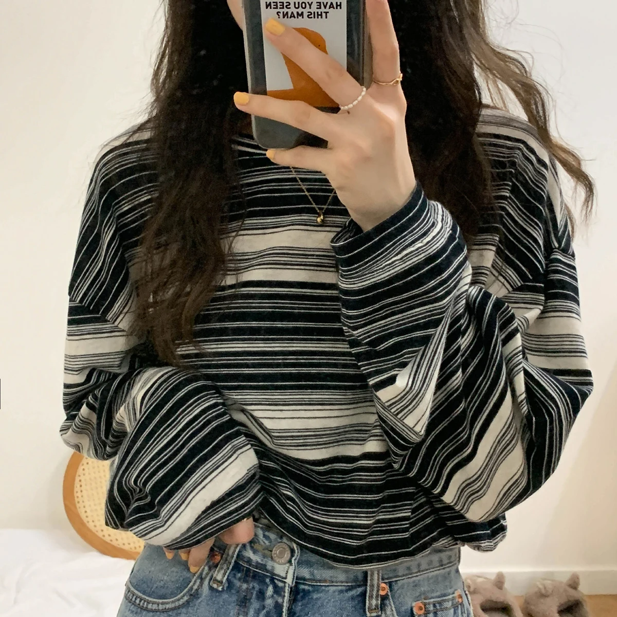 

Autumn Korean Style Women's Tops 2021 4 Colors Stripe Pattern Round Neck Long Sleeve T-Shirt Fashion Casual All-Match Tees