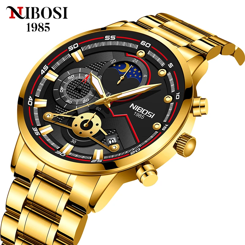 

NIBOSI Sport Gold Quartz Men Watches 2021 New Luxury Casual Watch for Men Chronograph Waterproof Wristwatch Relogio Masculino