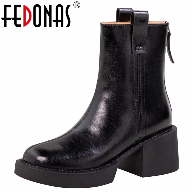 

FEDONAS Autumn Winter Warm Women Ankle Boots Genuine Leather Thick Heels Office Lady Casual Thick Heels Back Zipper Shoes Woman