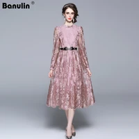 banulin fashion runway autumn long mesh dress womens stand collar lantern sleeve sashes floral embroidery vintage party dress