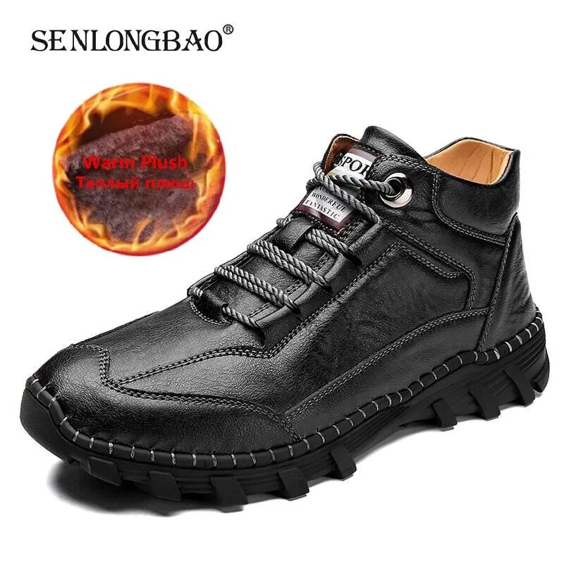 

Мужские ботинки на толстой плюшевой подкладке, черные ботильоны из кожи, теплая мотоциклетная обувь для улицы, Осень-зима 2019