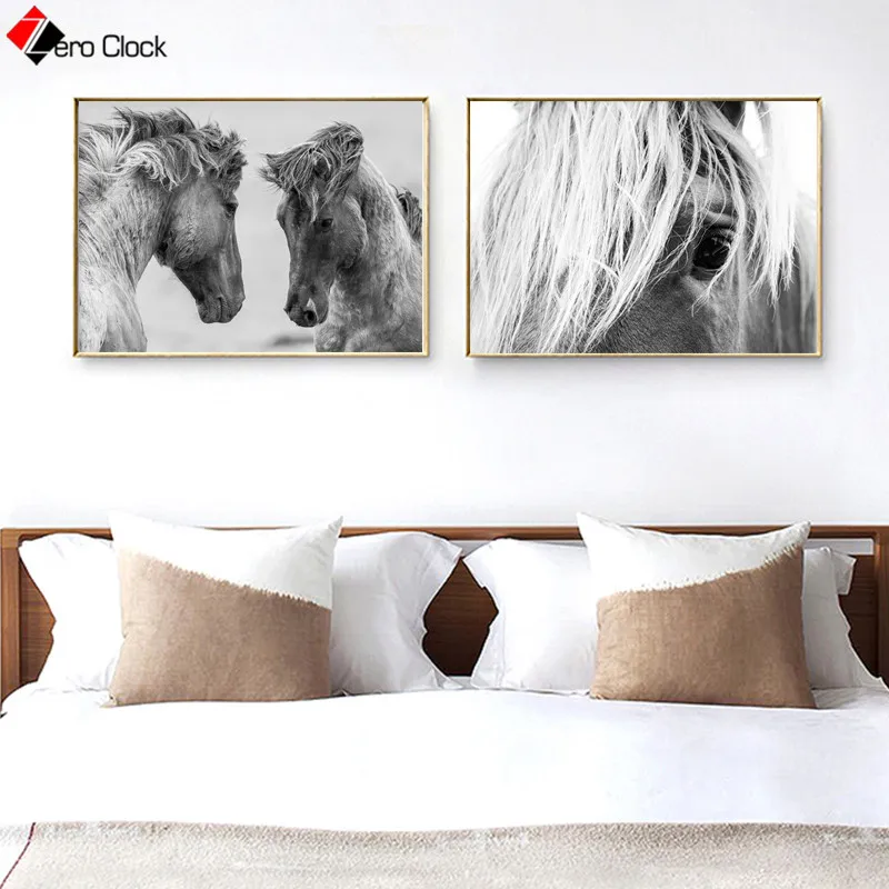 Zero Clock дикий холст с изображением лошадей живопись животные принты черно-белый