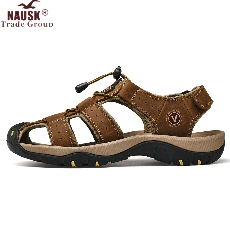 Мужские сандалии из натуральной кожи NAUSK черные пляжные повседневные уличные