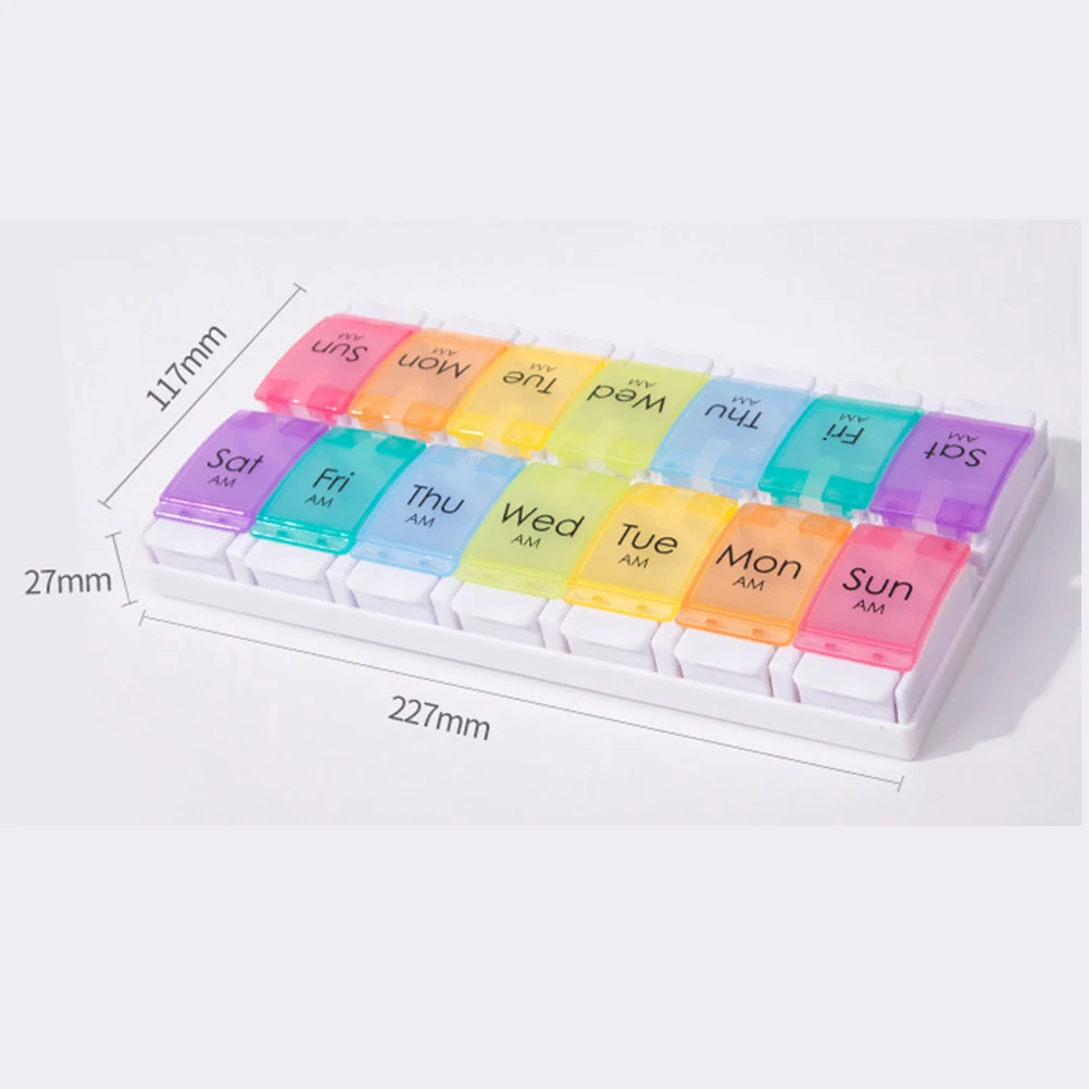 

Weekly Pill Box 2 Rows of 14 Grids Pill Box Medicine Tablet Dispenser Portable Plastic Pill Storage Case Rainbow Pill Container