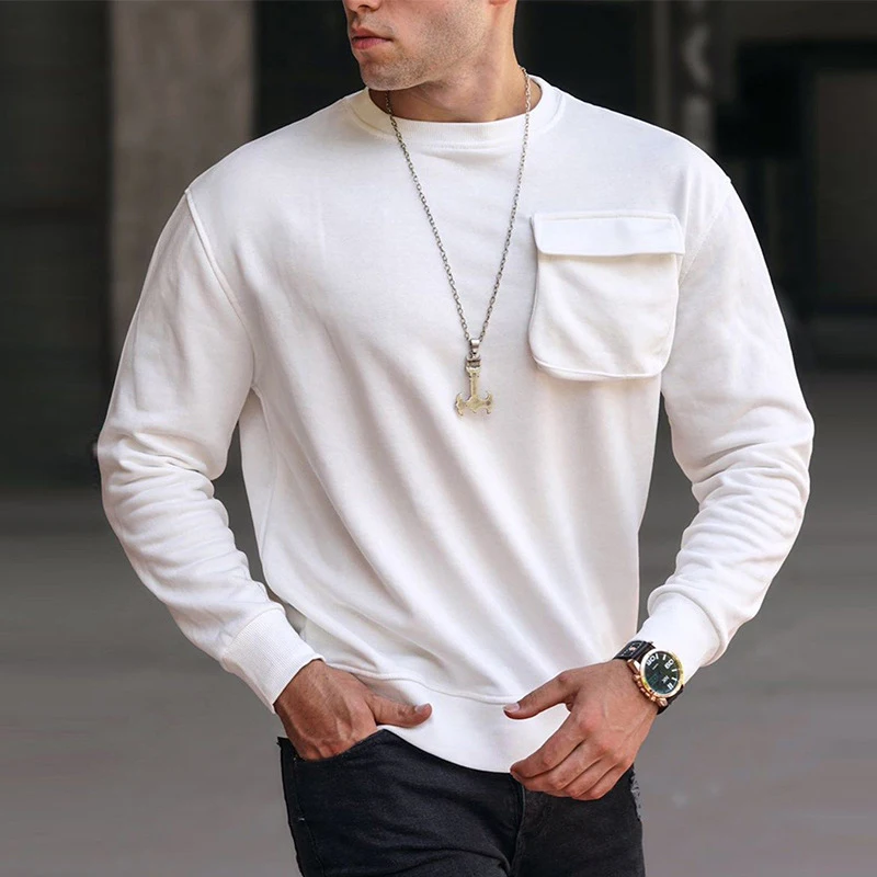 

Fashion Pocket Solid Color Loose Pullover For Men Spring Autumn O-Neck Casual Long Sleeve Sweatshirt Men New Harajuku Streetwear