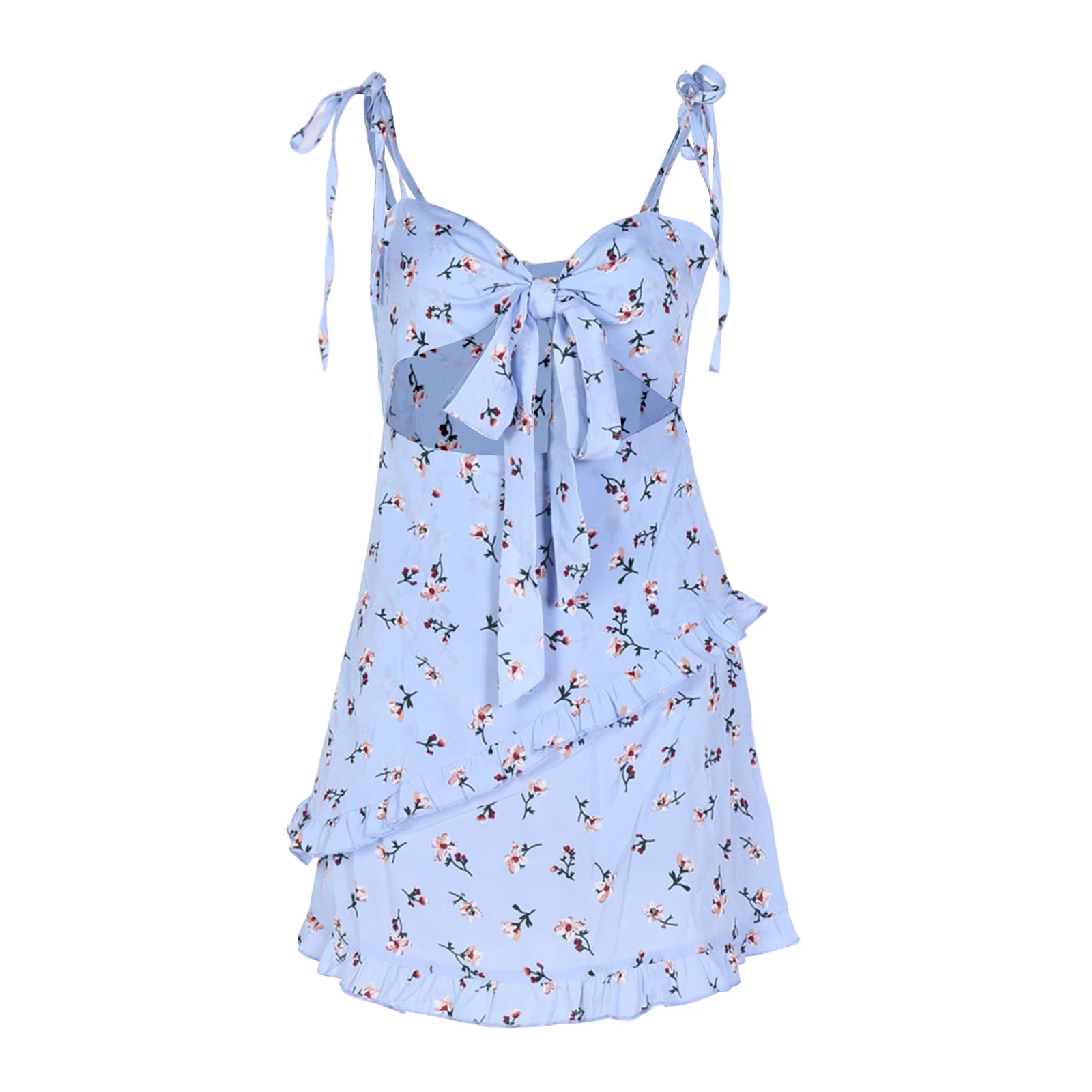 

Summer Women Sexy V-neck Suspender Dress casual Fashion Floral print Bandage Hollow Backless Ruffles Dresses