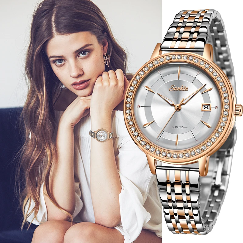 Часы наручные SUNKTA женские Полностью стальные модные деловые Роскошные брендовые