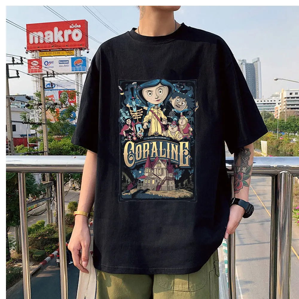 

Hot Sale Couple Tees Popular T-shirts Coraline T Shirts Tim Burton Neil Gaiman Nightmare Before Christmas Goth Dark Men TShirts