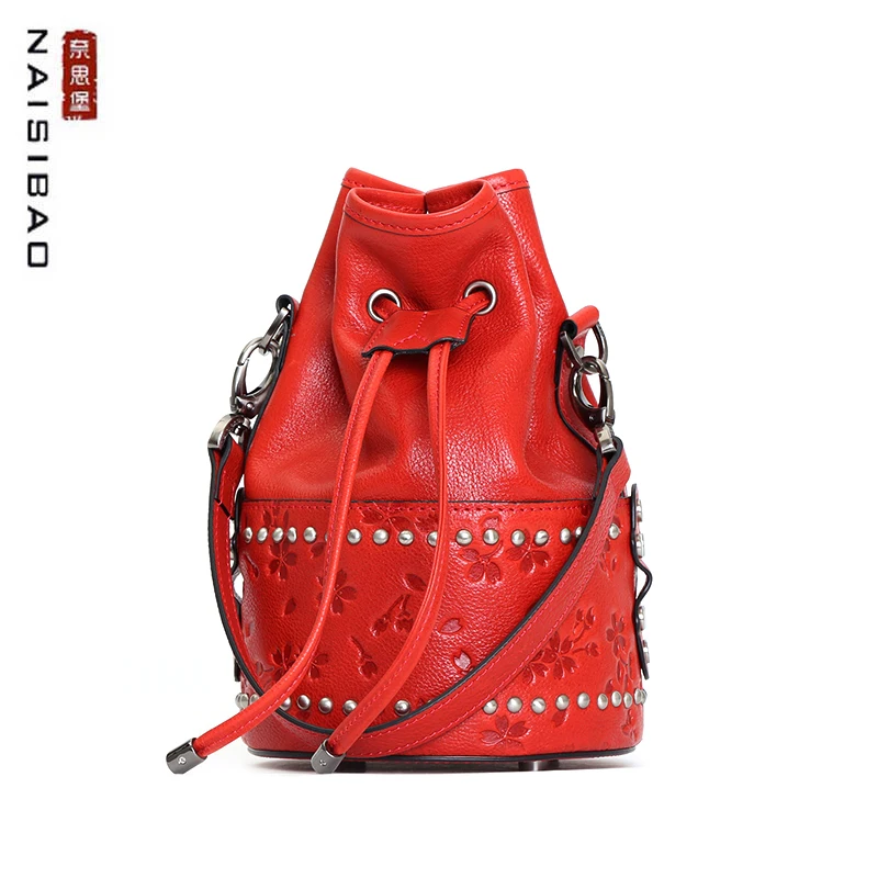 

NAISIBAO 2021New Women Genuine Leather bag Fashion rivets luxury handbags women bags designer bags famous brand women bags