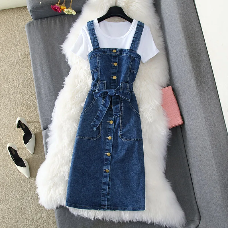 New Fashion Summer Girl Students Simple White T-shirt + Single-breasted Denim Strap Dress Twp-piece Set Women Slim Jeans |