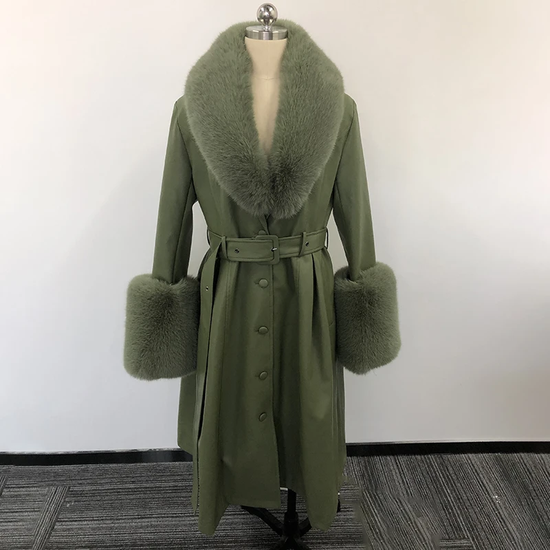 

Winter Tie Belt PU Leather Jackets Women Fashion Solid Buttons Coats Women Elegant Faux Fur Collar Jackets Female Ladies