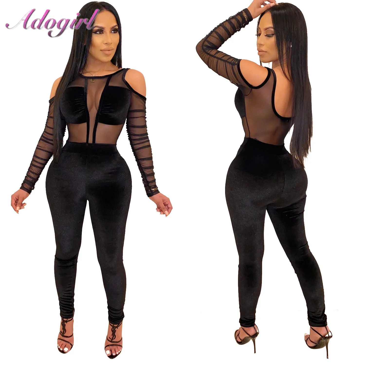 

Сексуальный сетчатый лоскутный бархатный Ночной комбинезон для вечеринки в клубе, Женский обтягивающий комбинезон с открытыми плечами и длинным рукавом