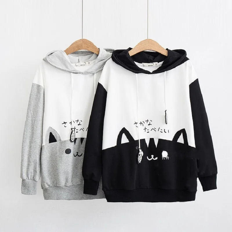 

Loose Long Sleeve Cartoons Cat Print Hoodie Blouse Top Shirt Women's Sweatshirt Female Streetwear Plus velvet Hoodies Kawaii y2k