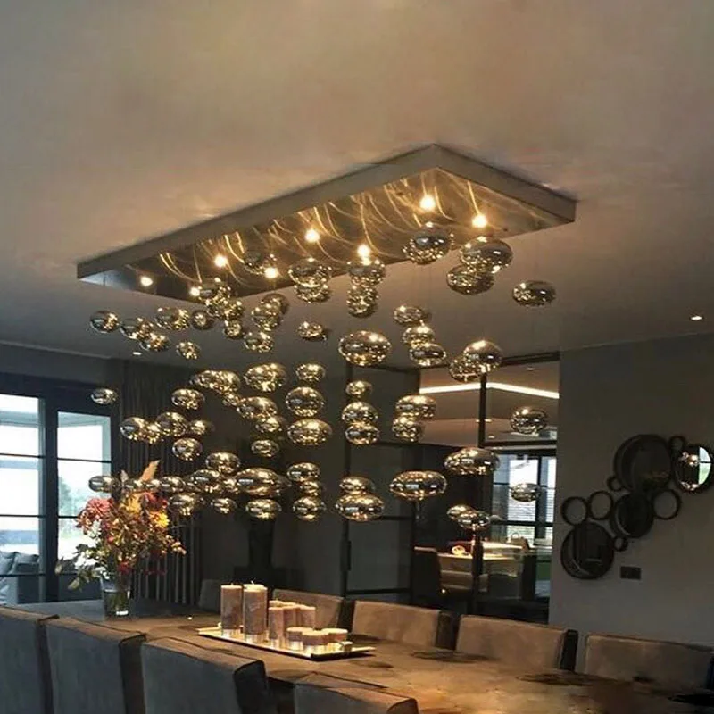 Candelabro LED moderno de bola cromada, iluminación de burbujas de cristal gris ahumado para comedor, accesorio de cocina, candelabro de sobremesa