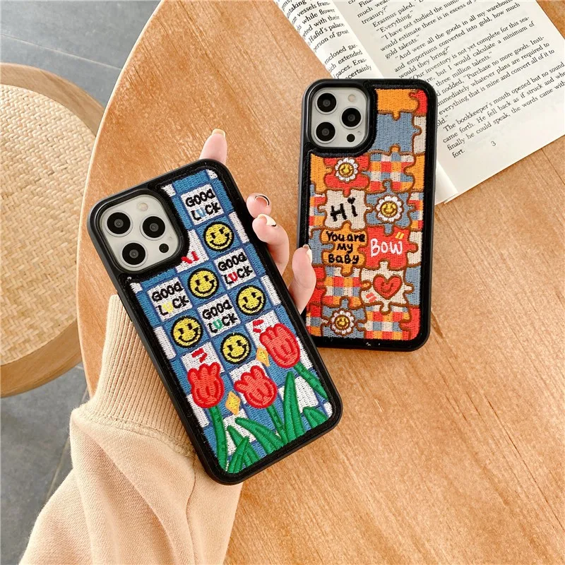 Cute Korea Heavy Embroidered rabbit Phone Cover Case For Iphone X 11 pro Xs Max Xr 10 8 7 Plus se 4.7 Luxury hard Coque Fundas