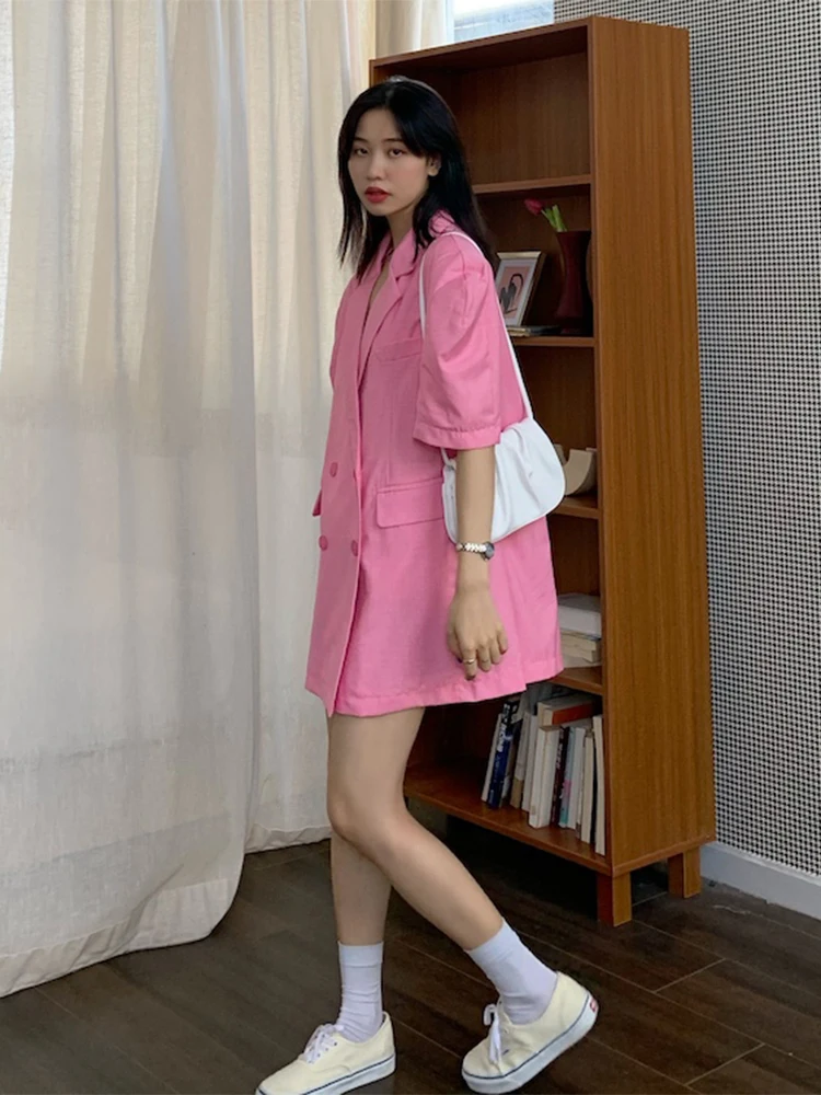 

Summer Blazer Women Korean Double Breasted New Loose Casual Cardigan Puff Short Sleeve Jacket Yellow/Pink/White Outwear Female