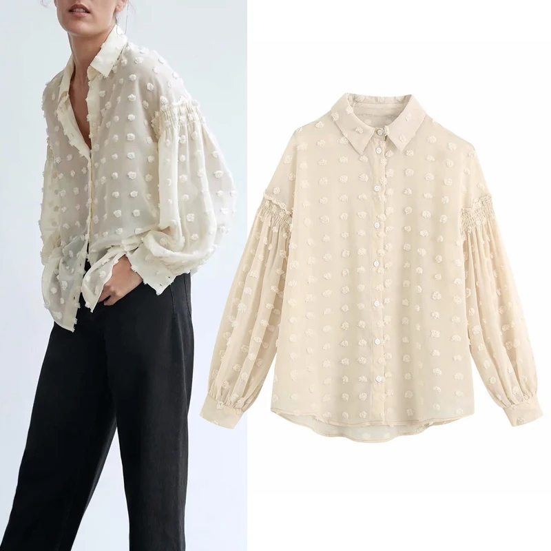 

Summer Za White Polka Dot Blouse Women 2020 Label Collar front Buttons Retro Shirts Woman Long Sleeve with Ruffle Trim Tops