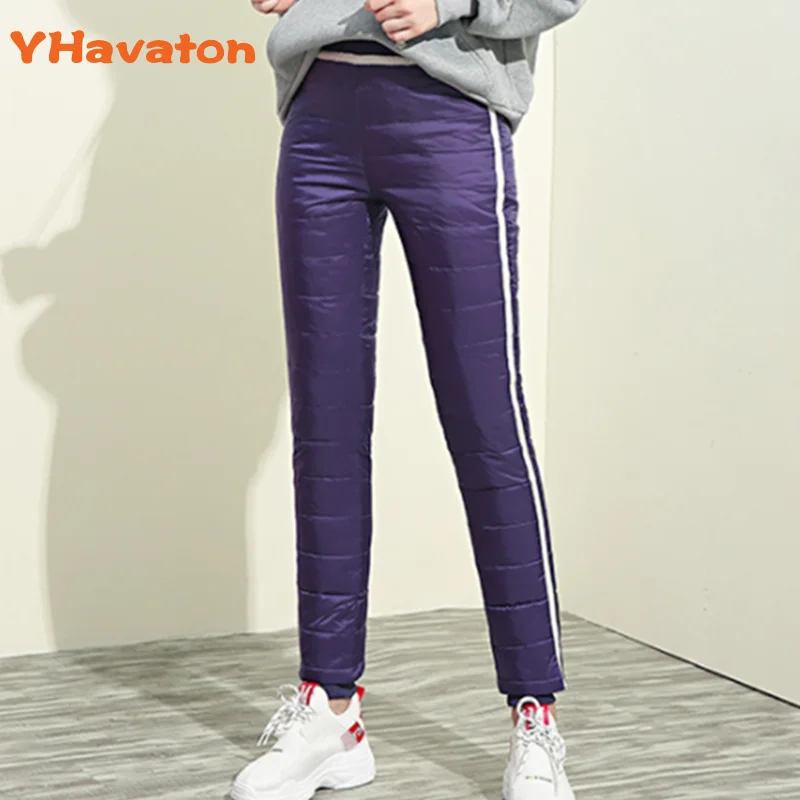 Purple YHavaton женские пуховые штаны с высокой талией, зимние штаны в белую полоску, сохраняющие тепло, плотные облегающие повседневные штаны для женщин - Цвет: Purple