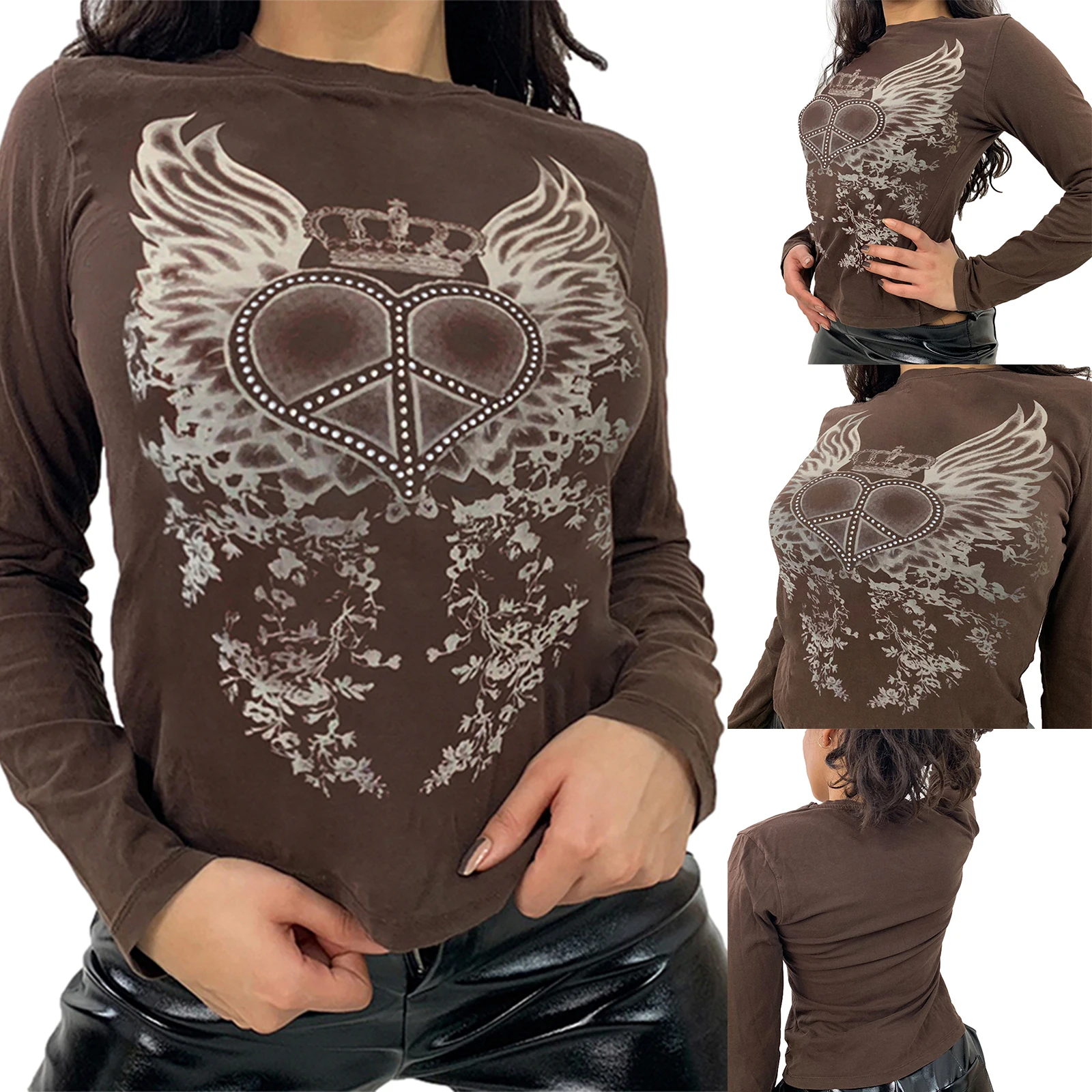 

Футболка Y2K с графическим принтом в стиле гранж 90-х, винтажные коричневые пуловеры с длинным рукавом и круглым вырезом, Женский Осенний Повс...