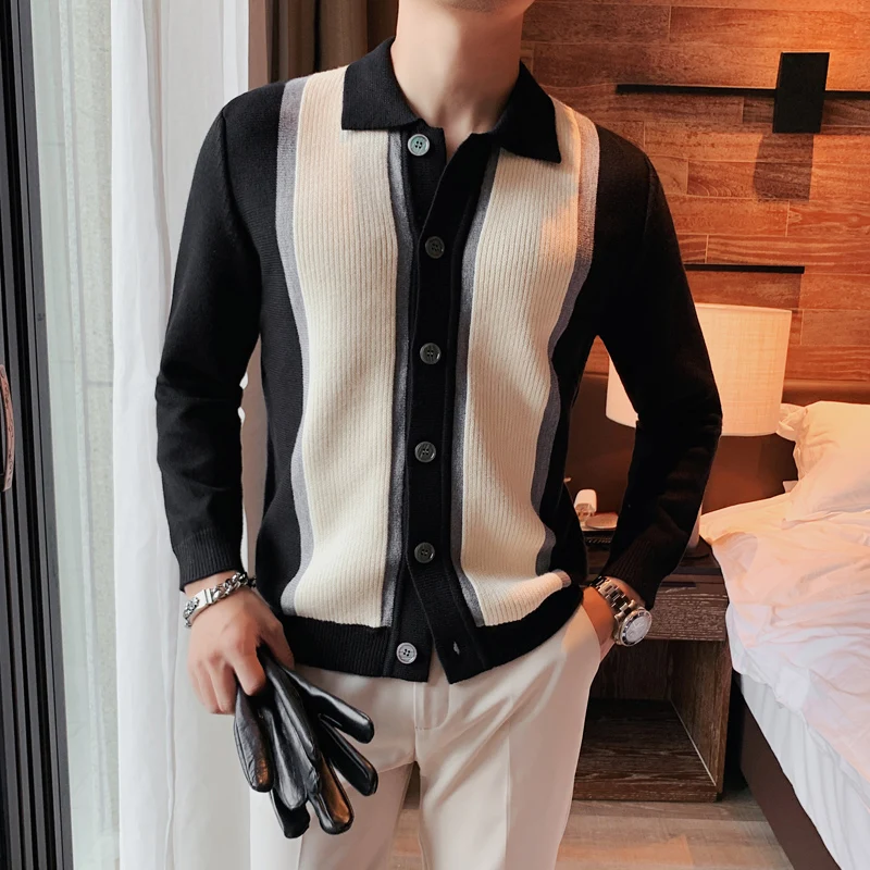 2021 Autumn Winter Striped Knit Cardigan Men s Sweater Long Sleeve Slim Knitted Jacket Business Casual Sweatercoat Men Clothing