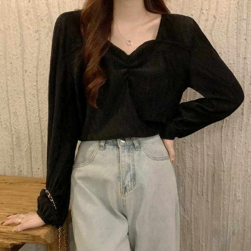 French Pleated Square Neck Long Sleeve Shirt Women's Clothing Spring Autumn 2021 Design Sense Short Chic Top Rac | Женская одежда