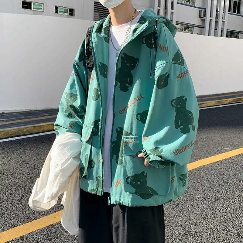 

Bear coat men's spring and autumn Korean fashion loose hooded clothes Hong Kong fashion brand versatile student sports jacket