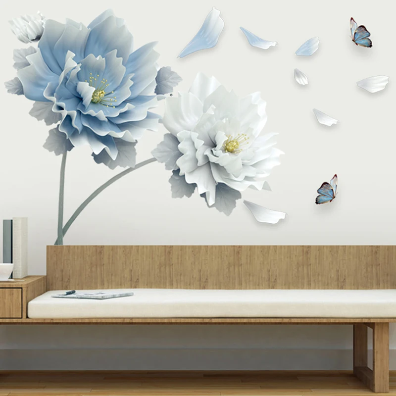 Large White Blue Flowers Lotus Butterfly Removable Wall Stickers 3D Wall Art Decals Mural Art for Living Room Bedroom Decor