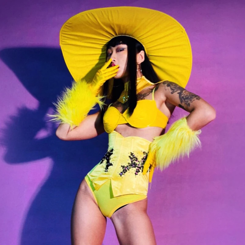 

Festival Outfit Sexy Yellow Bikini Suit Pole Dance Clothing Stage Performance Costumes Nightclub Singer Dj Ds Rave Wear DN5554