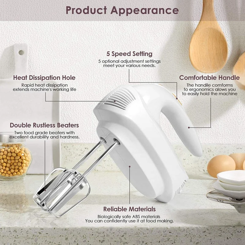 

Hand Mixer Electric,5-Speed Hand Mixer Electric with 6 Stainless Steel Accessories for Easy Whipping