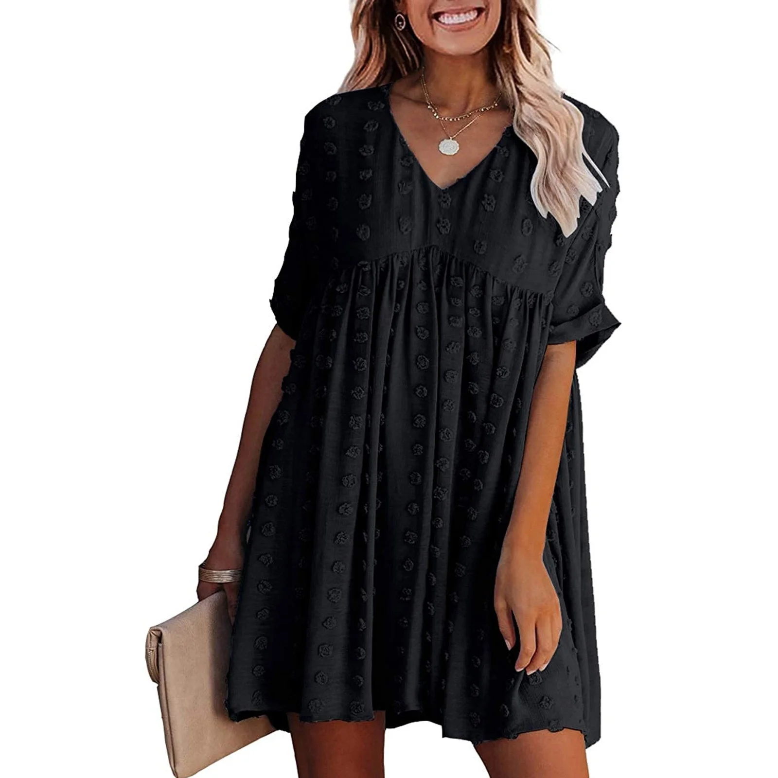 

Fashion Summer Dress Plus Size Women's Casual High Waist Dot Mesh V-Neck Solid Color Short Sleeve Dress Sundress vestidos
