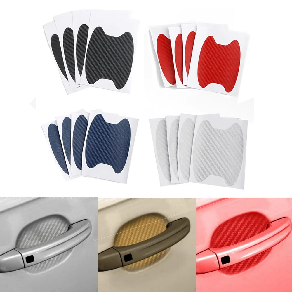 

1Set 4Pcs Carbon Fibre Car Stickers Door Handle Protective Film Anti-Scratch Red Black For Car Sticker Parts High Quality