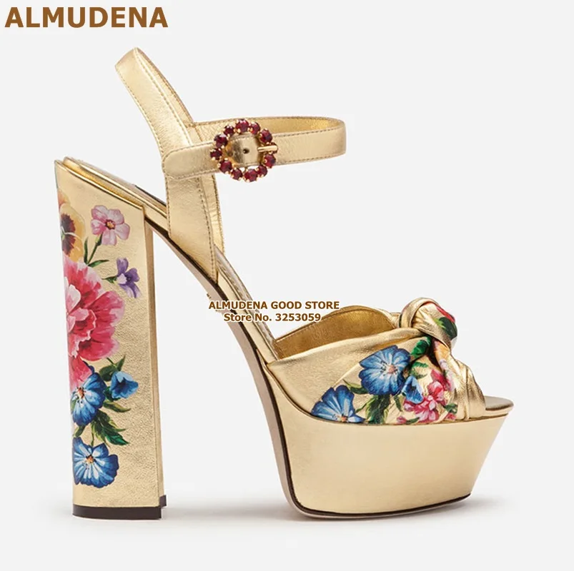 ALMUDENA/Босоножки на платформе, Украшенные бусинами, на массивном каблуке, украшенные стразами; свадебные туфли-лодочки в стиле ретро, синего, золотого цвета, украшенные стразами - Цвет: as picture