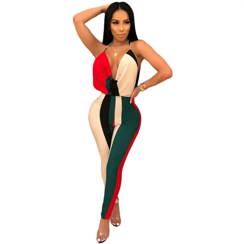 

Summer Women Strapped Backless Striped Bodycon Jumpsuit Clubwear V Neck Multicolor Fashion Casual Sexy Slim High Waist Romper