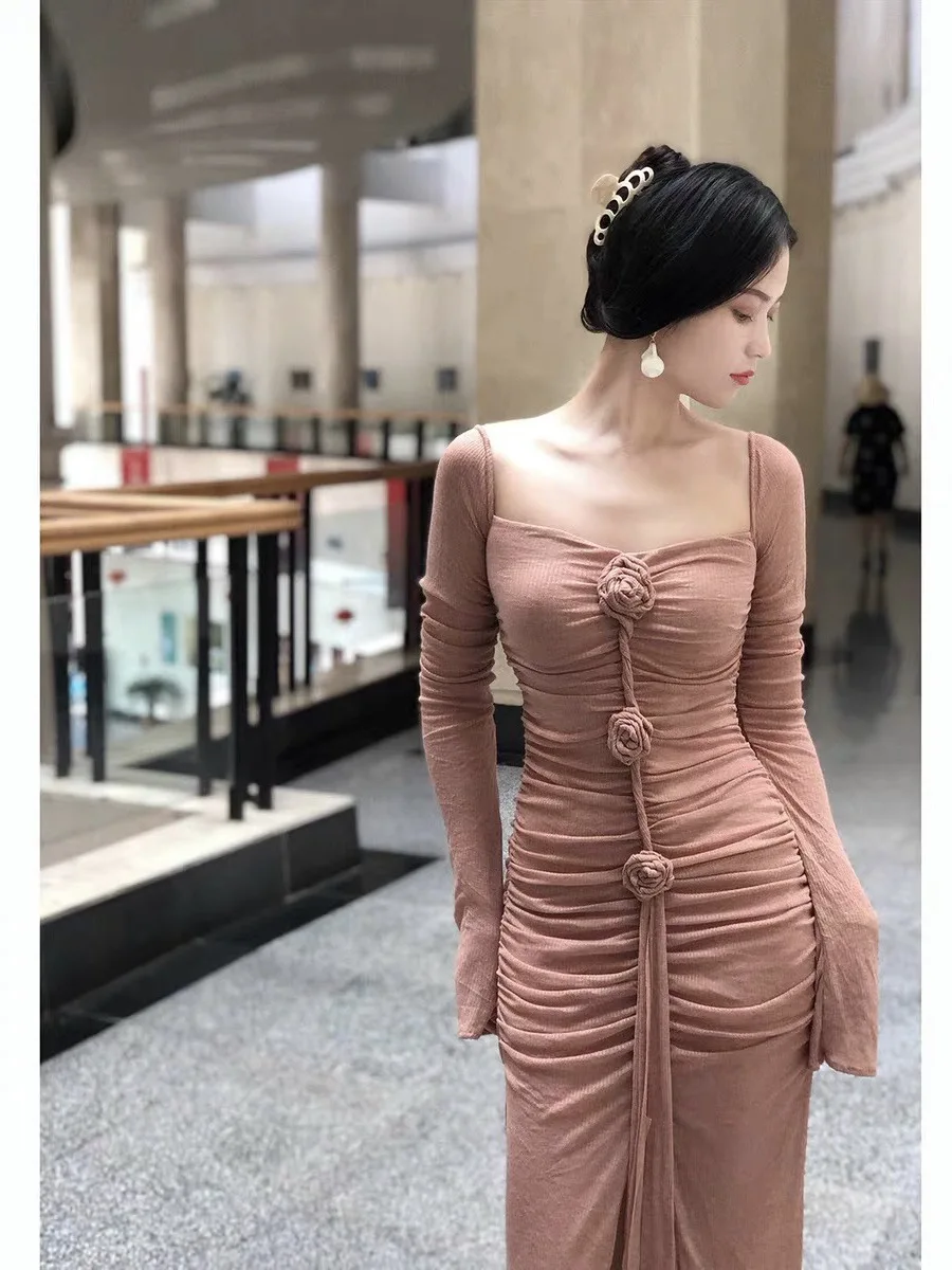 

New fabrics the heather scattered romantic temperament stereo rose dress long-sleeved age season niche design