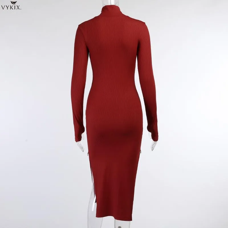 

New Long Sleeve Midi Dress Turtleneck High Split Sheath Elastic Bodycon Dress Womens Empire Solid Sexy Dresses Female Streetwear