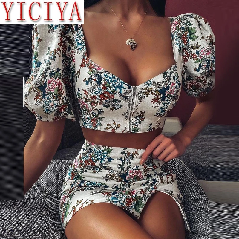 Женский комплект из двух предметов с цветочным принтом и юбкой|Спортивные