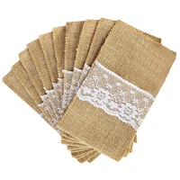 50pcs burlap lace cutlery pouch rustic wedding tableware knife fork holder bag hessian jute table decoration accessories