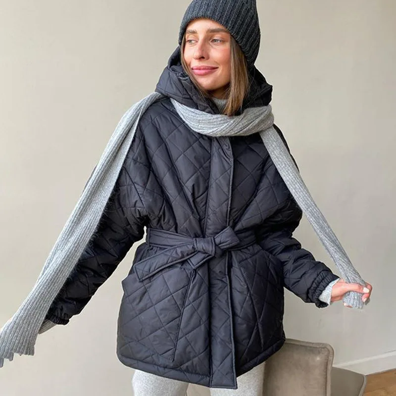MosiMolly Women Parkas Hooded Belt Cotton Coats Warm Winter Coats Casual Thick Coats Jackets