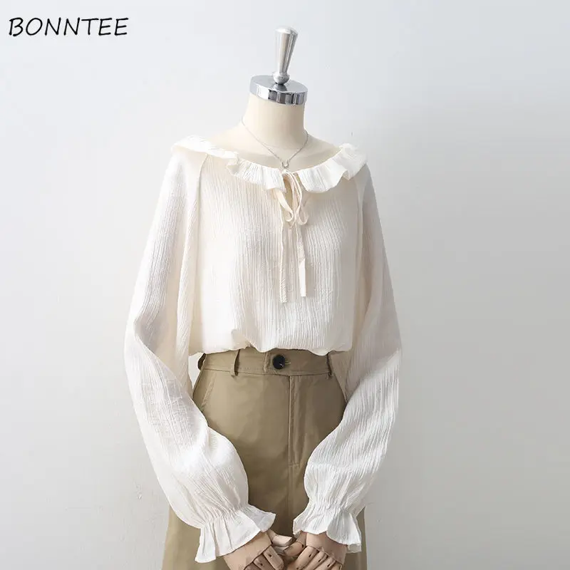 

Blouses Women Elegant Full Puff Sleeve Solid Loose Soft Cozy All Match Preppy Tender Korean Daily Spring Tops Peter Pan Collar